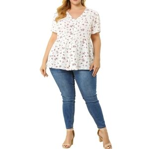 AGNES ORINDA Womens Sort Sleeve Top Blouse White Floral Pink/Red Plus Size 2X